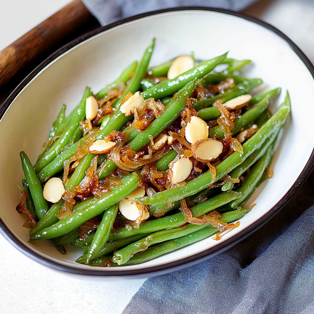 Recipe preparation for Green Beans with Almonds and Caramelized Onions