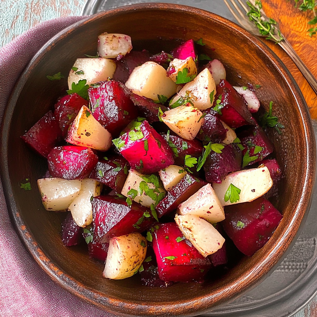 Recipe preparation for Christmas Side Dish: Roasted Beet & Turnip Duo