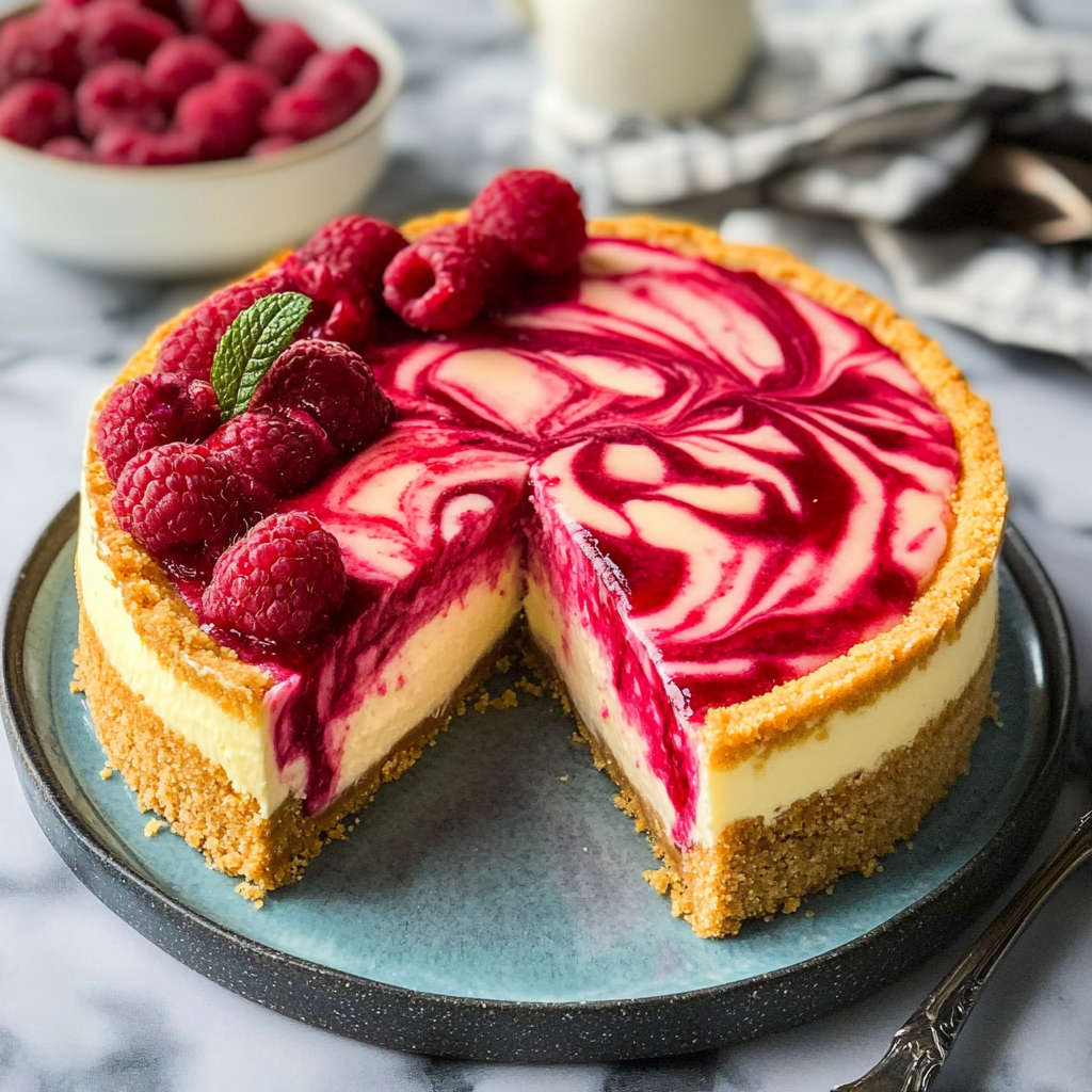Recipe preparation for Raspberry Swirl Cheesecake Cake