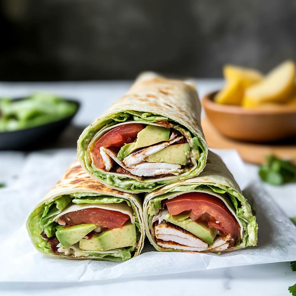 Recipe preparation for Lemon-Garlic Turkey & Avocado Shaved Salad Wraps