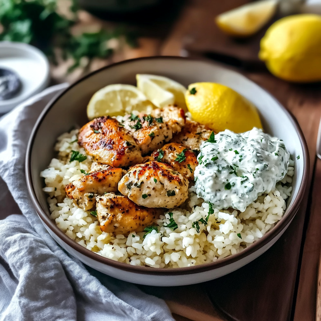 Recipe preparation for Dump-and-Bake Chicken Tzatziki Rice