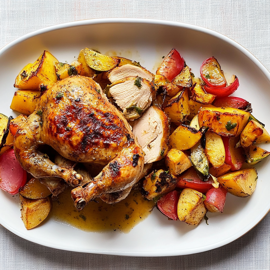 Recipe preparation for Miso-Butter Roast Chicken With Acorn Squash Panzanella
