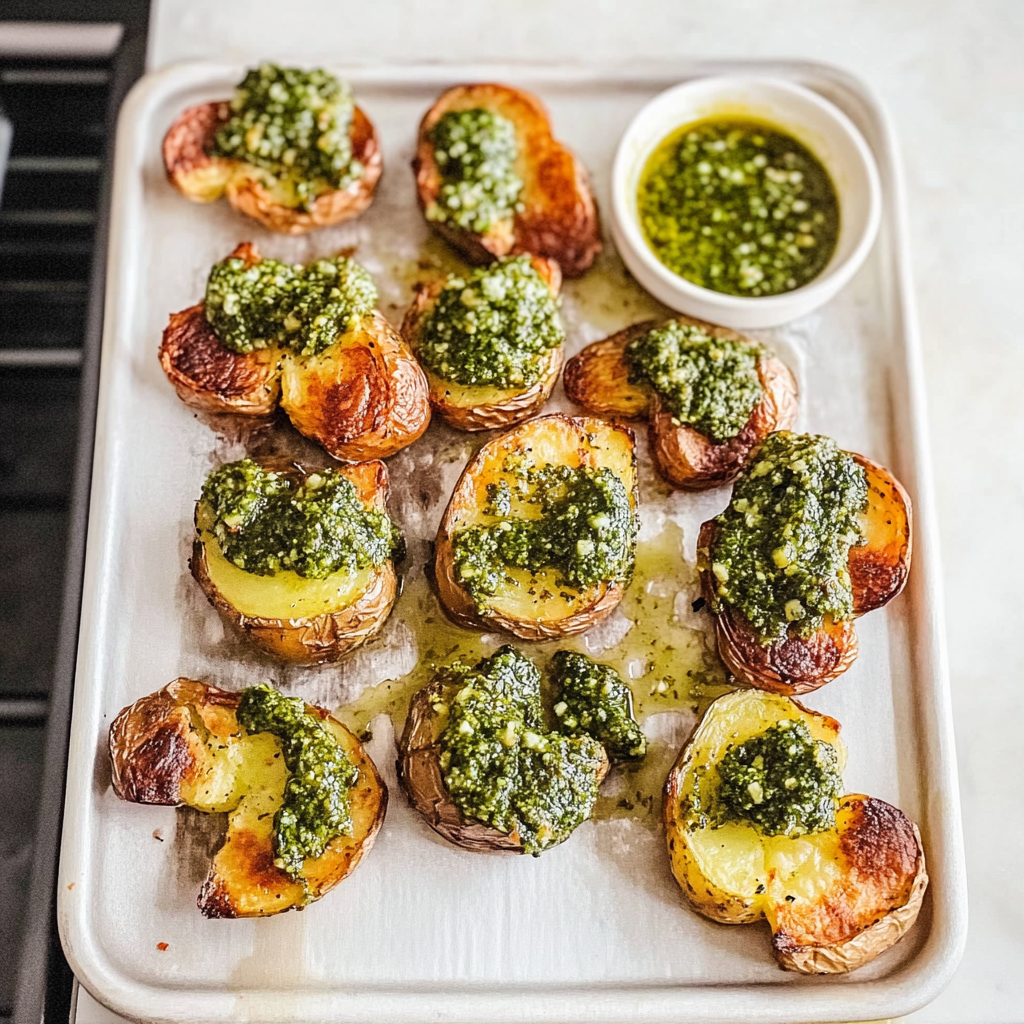 Recipe preparation for Crispy Smashed Potatoes with Pesto