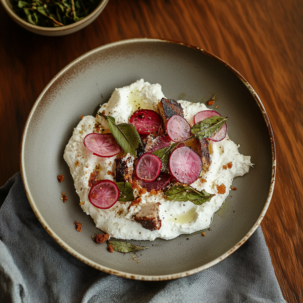 Recipe preparation for Whipped Goat Cheese with Roasted Radishes