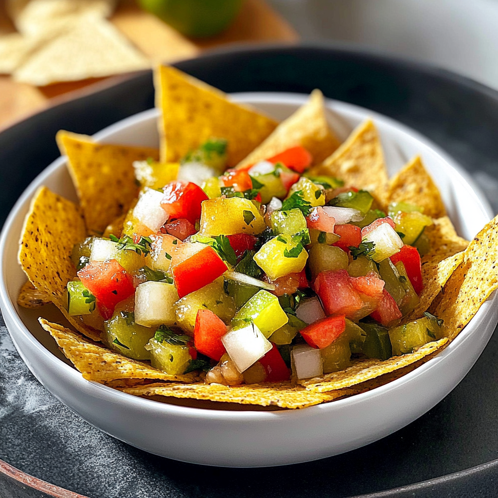 Recipe preparation for Pickle De Gallo with Tortilla Chips