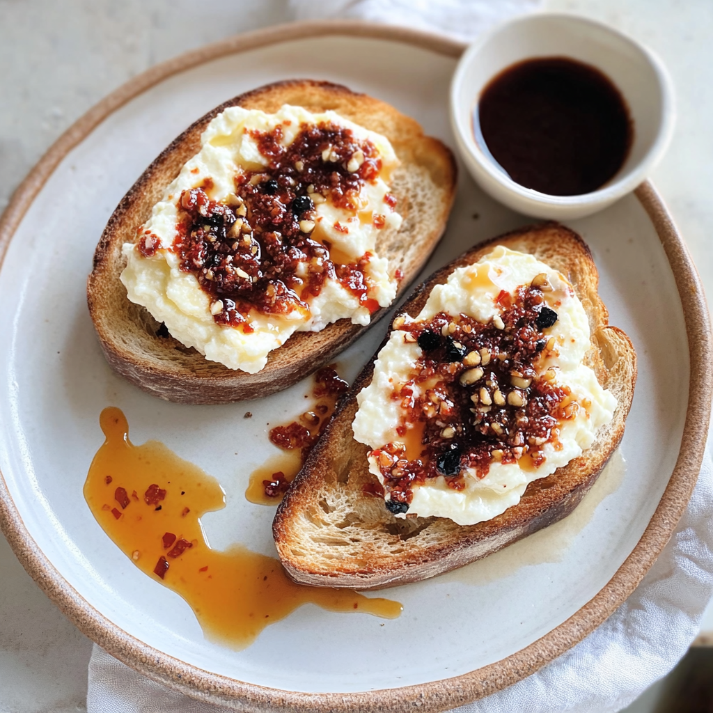 Recipe preparation for Cottage Cheese & Chili Crisp Toast