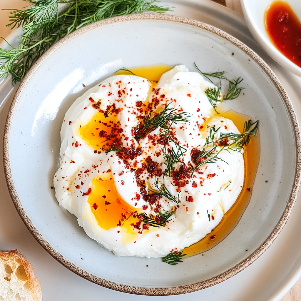 Recipe preparation for Turkish Savory Yogurt with Poached Eggs