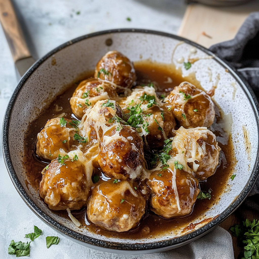 Recipe preparation for Slow-Simmered French Onion Chicken Meatballs
