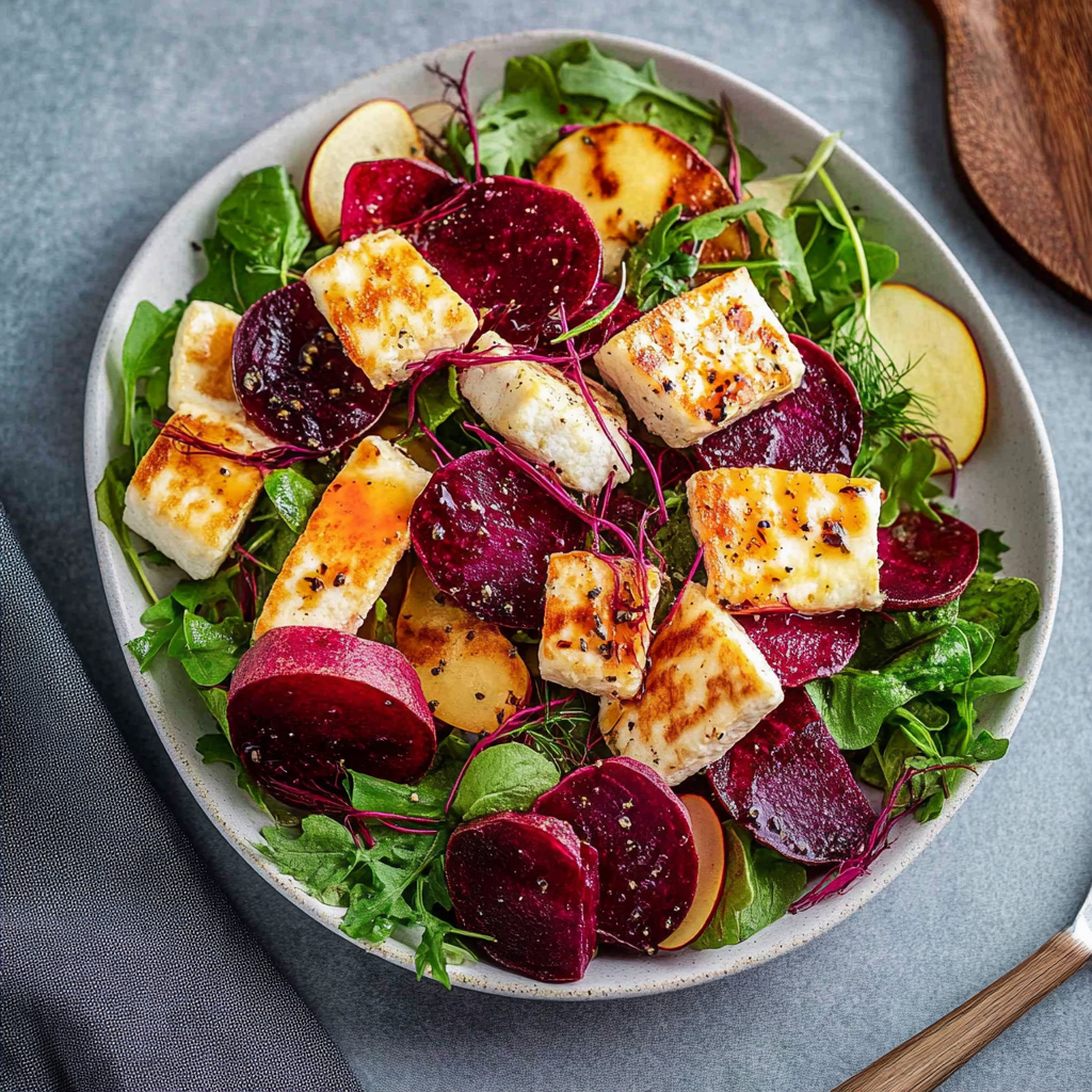 Recipe preparation for Beetroot & Halloumi Salad with Dill Vinaigrette