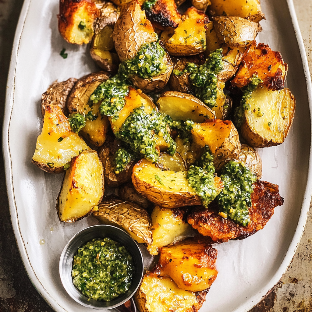 Recipe preparation for Crispy Smashed Fingerling Potatoes with Chimichurri Aioli