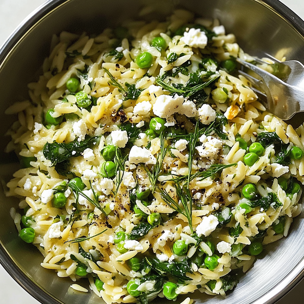 Recipe preparation for One-Pot Creamy Orzo with Spinach & Feta