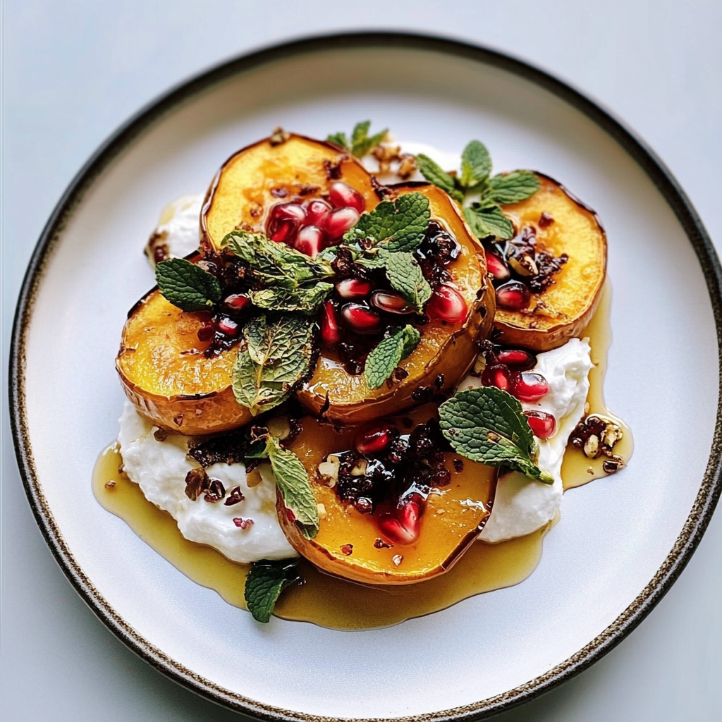 Recipe preparation for Roasted Acorn Squash with Pomegranate & Labneh