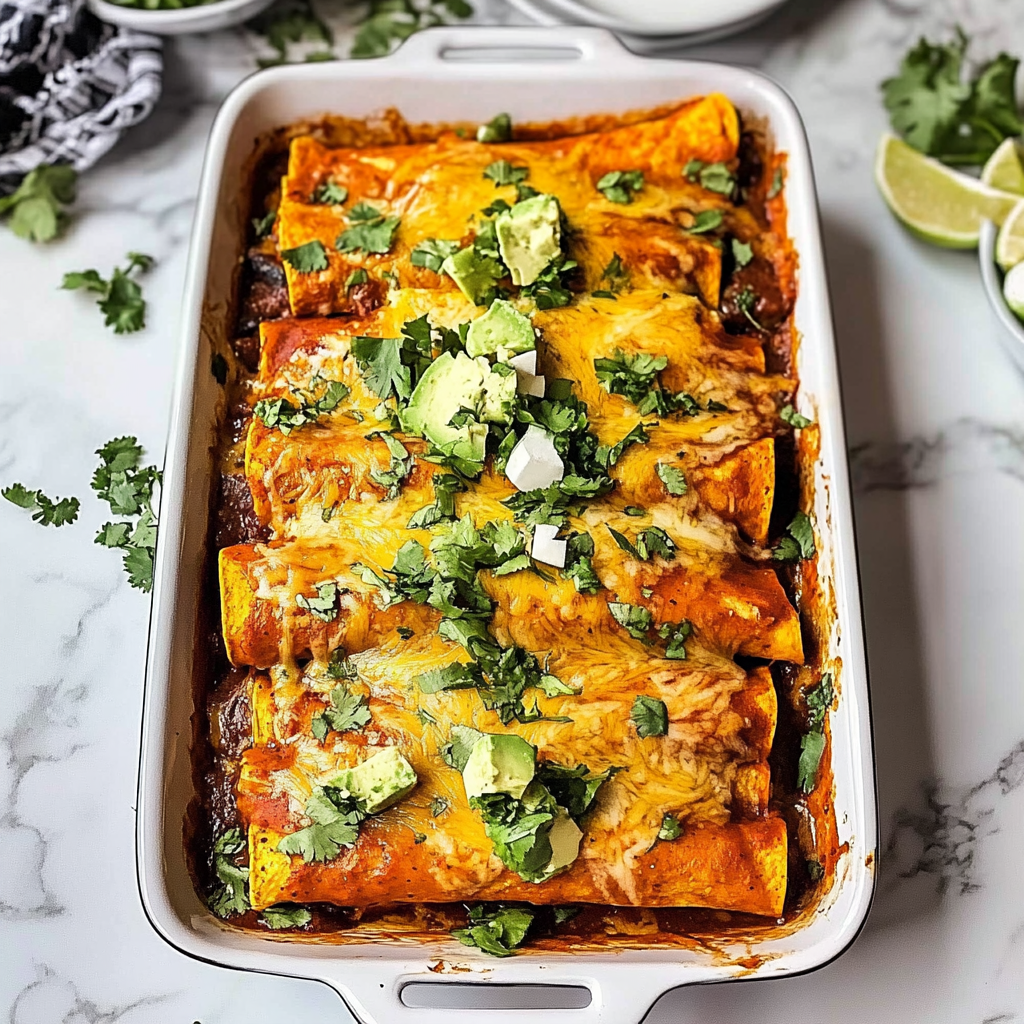 Recipe preparation for High-Fiber Black Bean & Sweet Potato Enchiladas