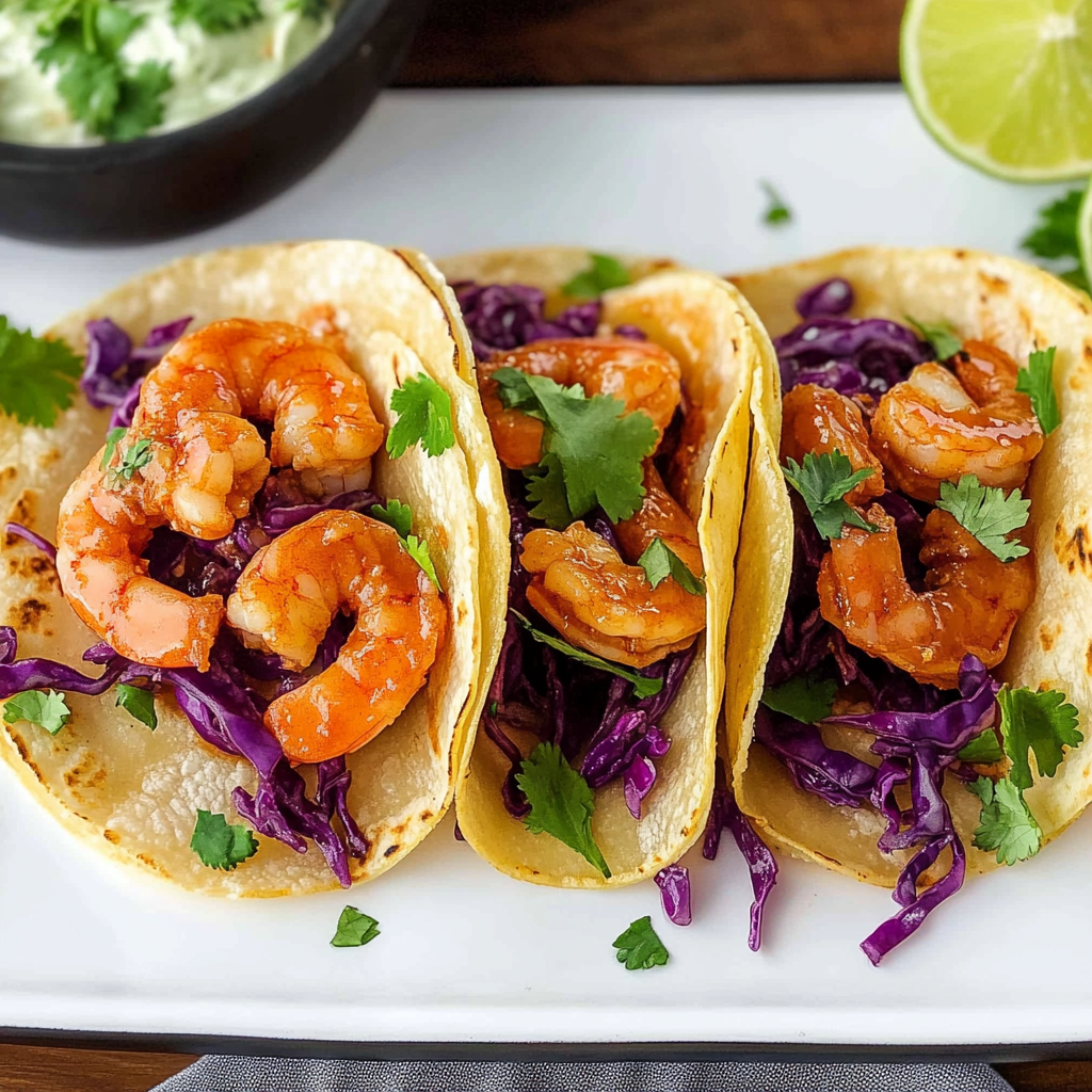 Recipe preparation for 30-Minute Bang Bang Shrimp Tacos with Purple Cabbage Slaw