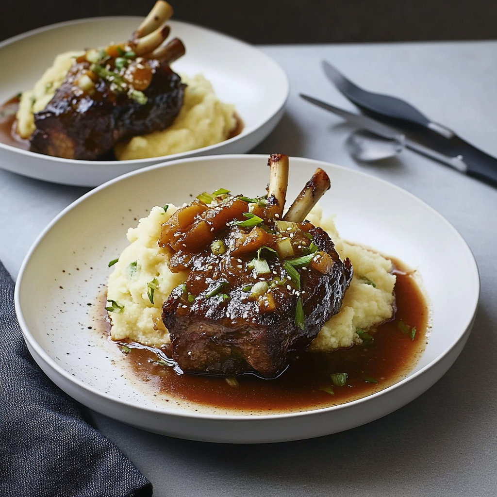 Recipe preparation for Slow Cooker Miso-Braised Lamb Shanks with Root Mash