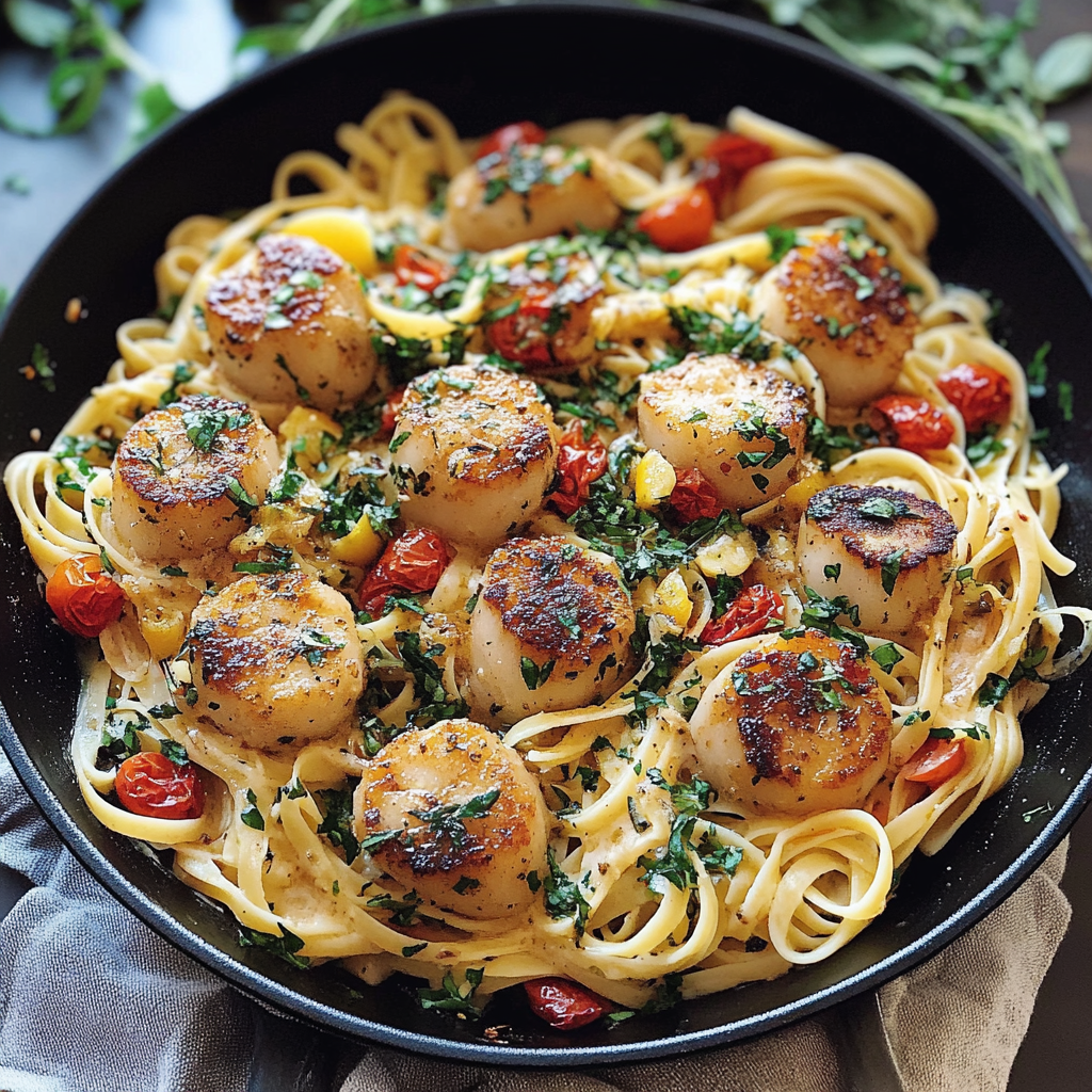 Recipe preparation for 30-Minute Garlic Butter Scallop Pasta with Lemon Zest