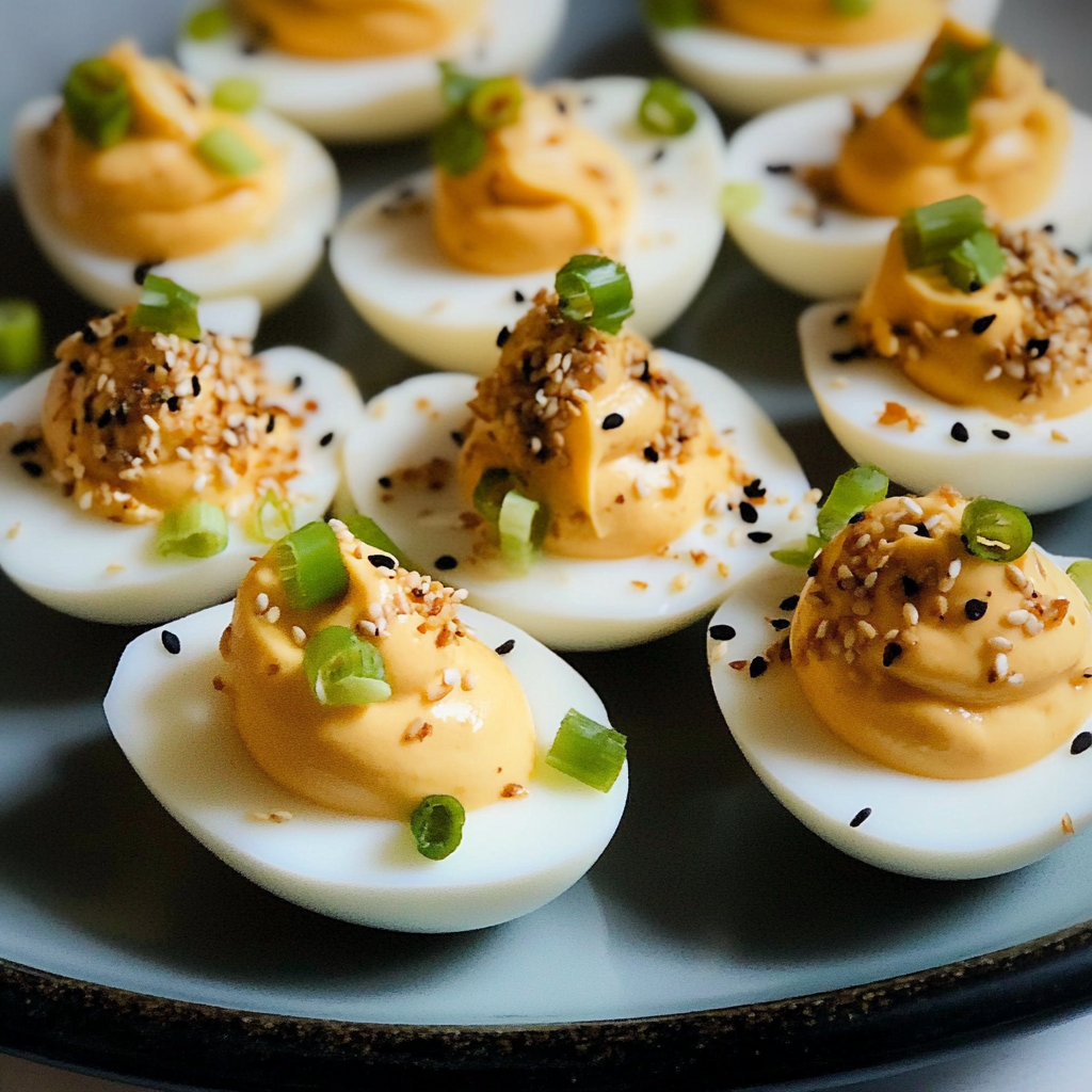 Recipe preparation for Spicy Miso Deviled Eggs with Toasted Sesame