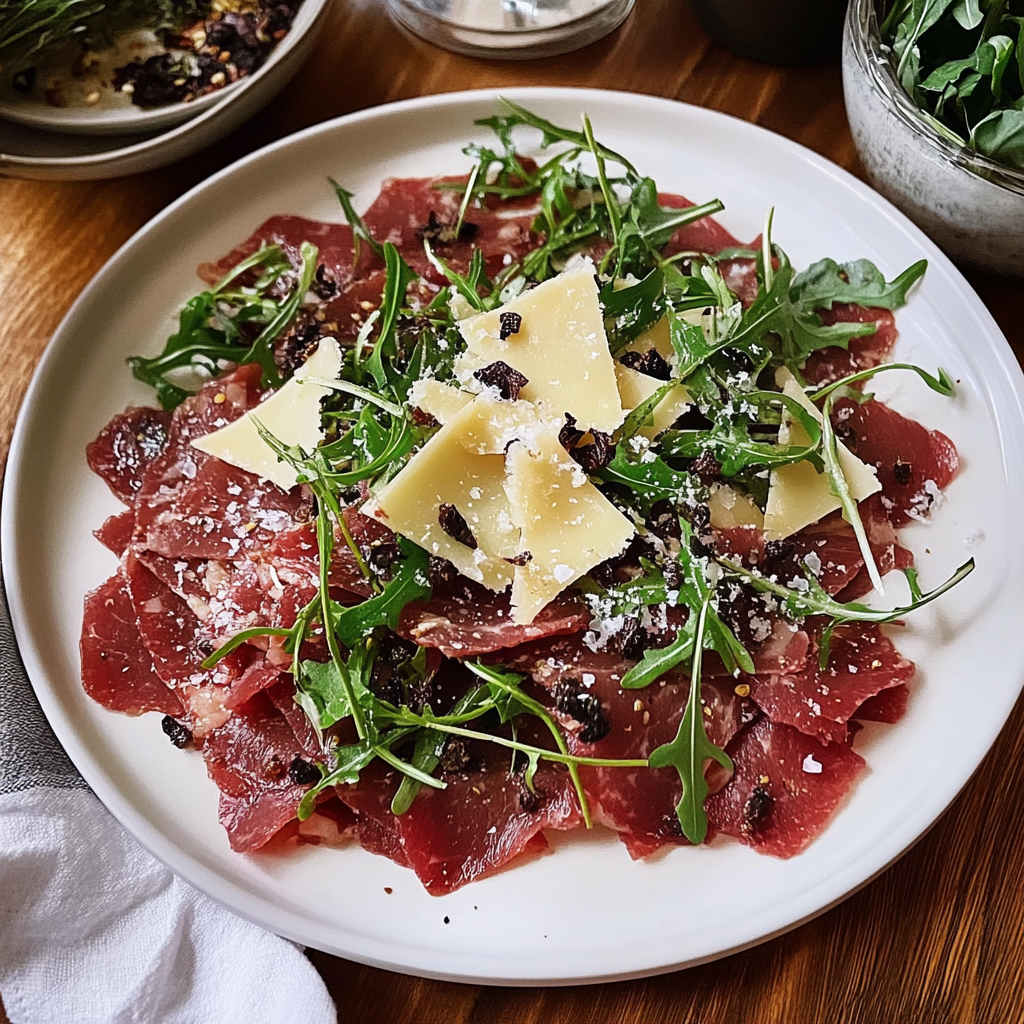Recipe preparation for Shaved Beef Carpaccio with Truffle & Arugula