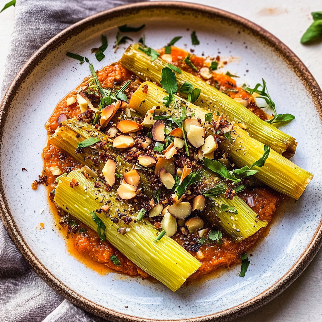 Recipe preparation for Charred Leeks with Romesco Sauce & Almonds