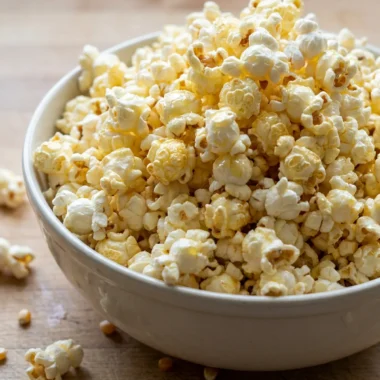 A white ceramic bowl filled with fluffy popcorn, drizzled with butter.