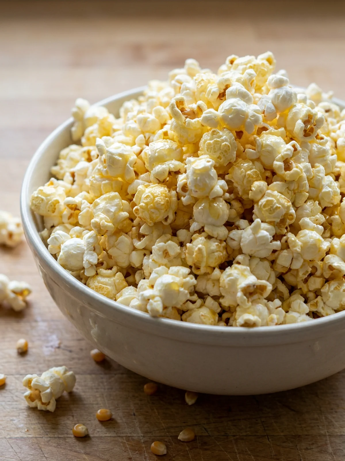 A white ceramic bowl filled with fluffy popcorn, drizzled with butter.