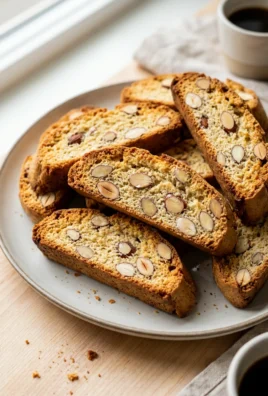 A close-up of sliced almond biscotti arranged neatly on a white ceramic plate.