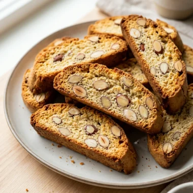 A close-up of sliced almond biscotti arranged neatly on a white ceramic plate.