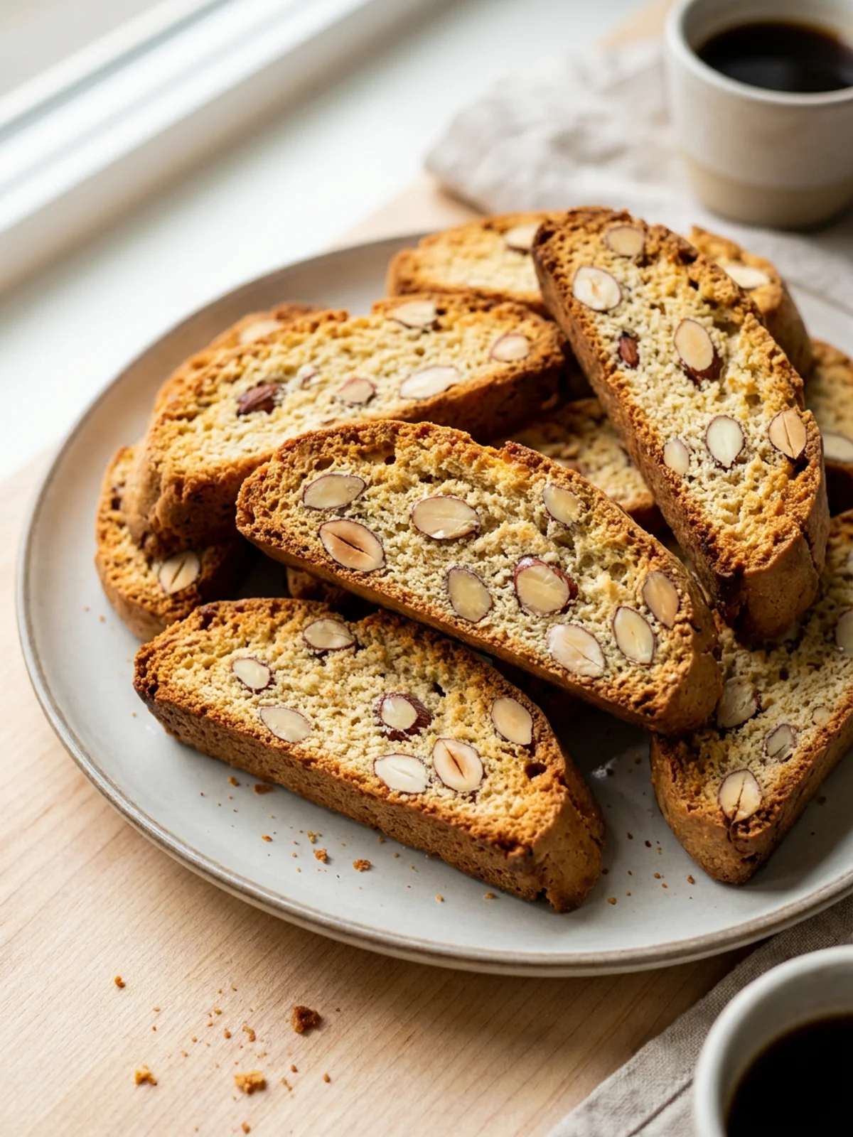 A close-up of sliced almond biscotti arranged neatly on a white ceramic plate.