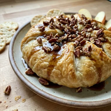 A finished baked brie in puff pastry, drizzled with maple syrup and garnished with pecans.