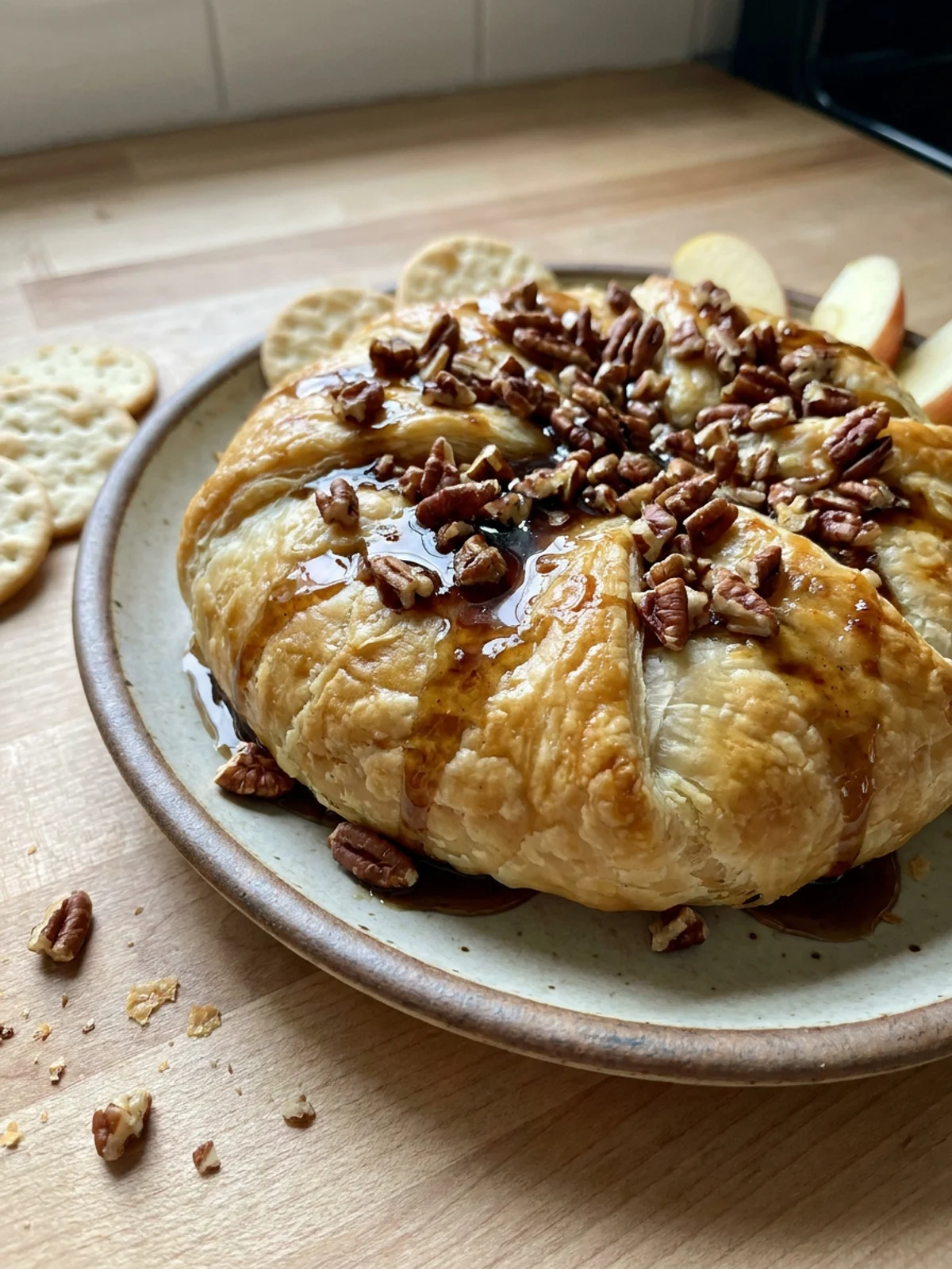A finished baked brie in puff pastry, drizzled with maple syrup and garnished with pecans.