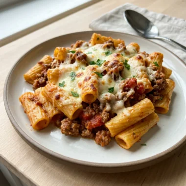A close-up of a scoop of baked rigatoni showing melted cheese strings.