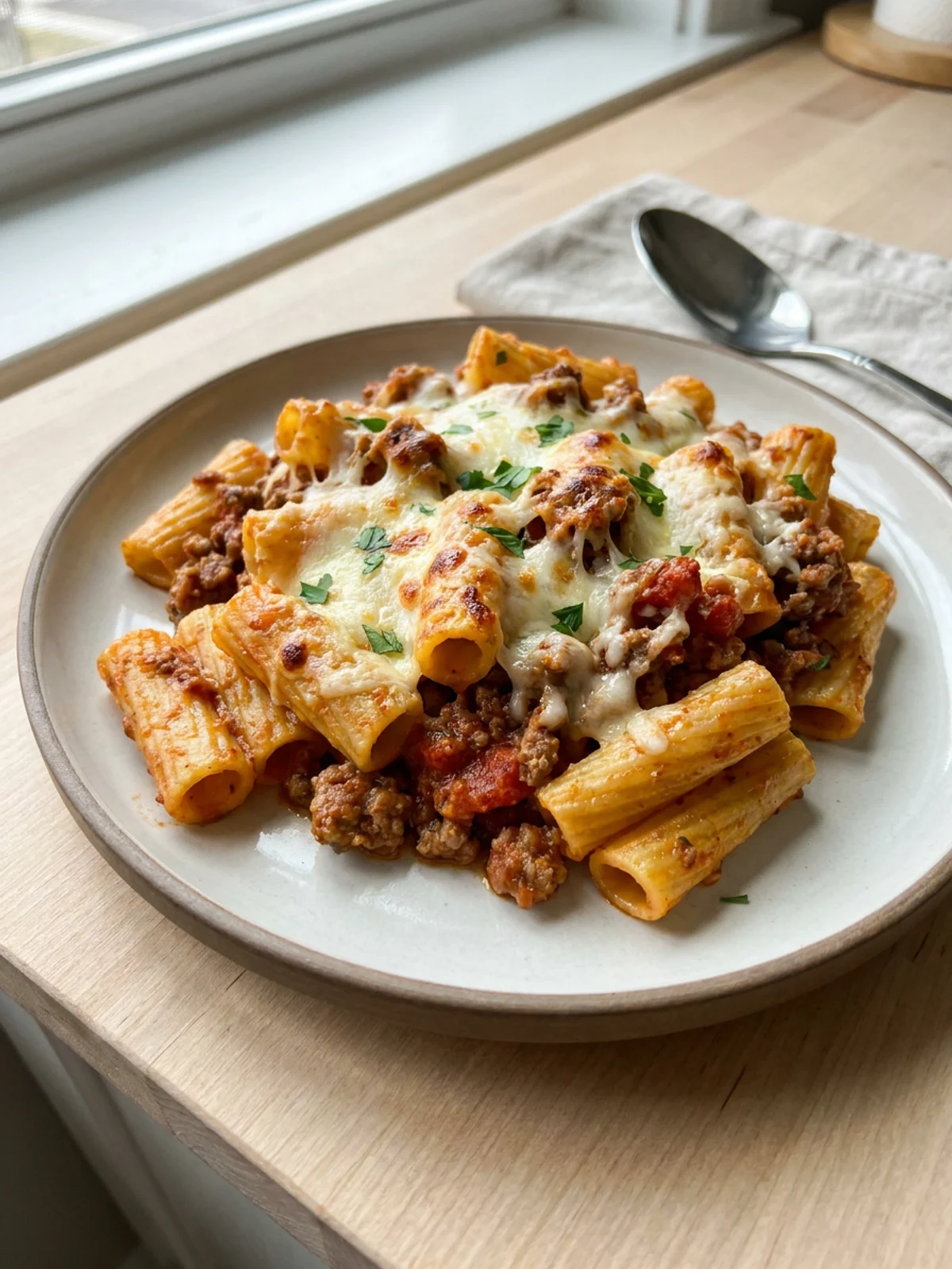 A close-up of a scoop of baked rigatoni showing melted cheese strings.