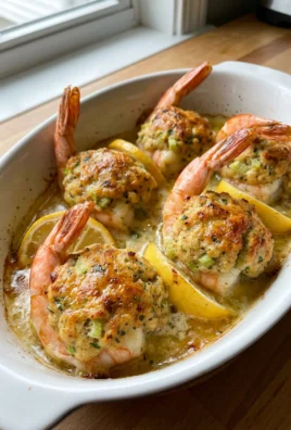 A single baked stuffed shrimp on a plate with a lemon wedge beside it.