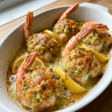 A single baked stuffed shrimp on a plate with a lemon wedge beside it.