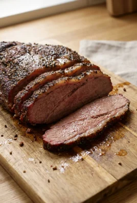 Thick slices of juicy oven-roasted beef brisket arranged on a wooden board.