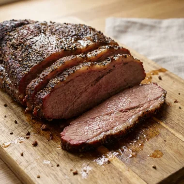 Thick slices of juicy oven-roasted beef brisket arranged on a wooden board.