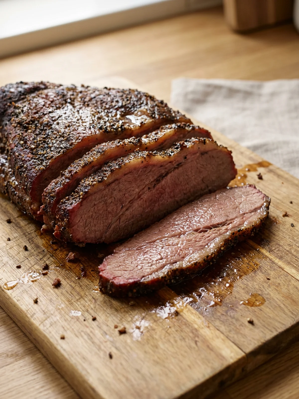 Thick slices of juicy oven-roasted beef brisket arranged on a wooden board.