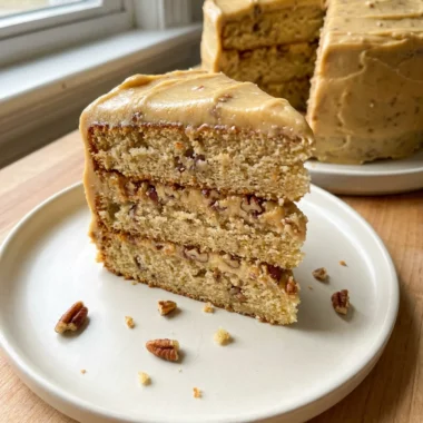 Close-up of the side of a butter pecan cake showing the fluffy frosting.