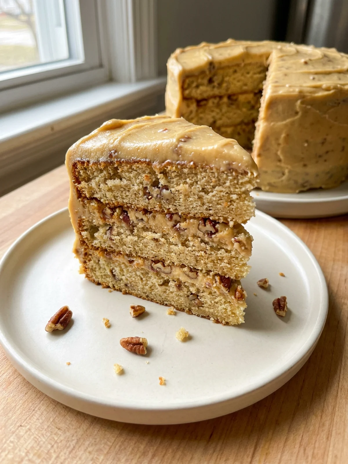 Close-up of the side of a butter pecan cake showing the fluffy frosting.