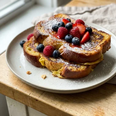 Challah french toast cooking in a black skillet, being flipped with a spatula.