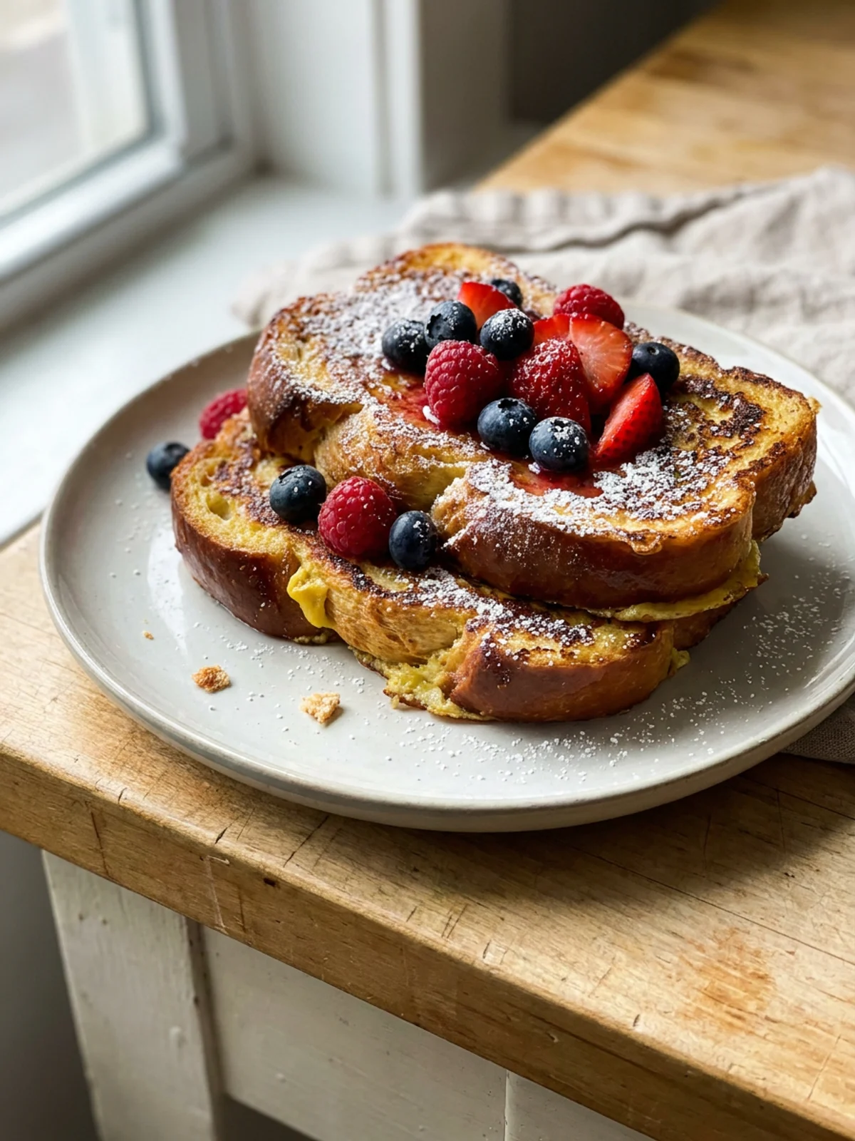 Challah french toast cooking in a black skillet, being flipped with a spatula.