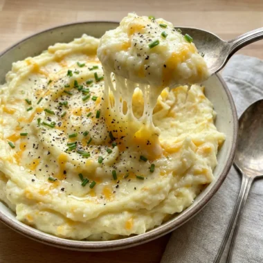 Close-up shot of a spoonful of mashed potatoes showing the cheesy, fluffy texture.