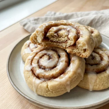 An overhead shot of several cinnamon roll cookies cooling on a wire rack.