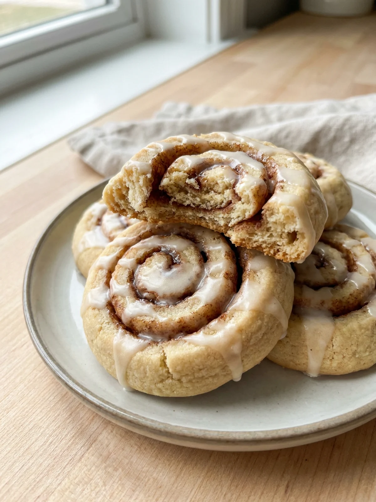 An overhead shot of several cinnamon roll cookies cooling on a wire rack.