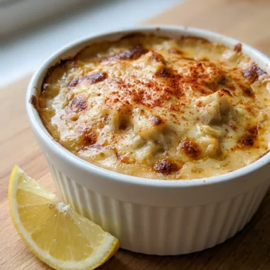 A baked crab imperial in a small casserole dish, topped with paprika.