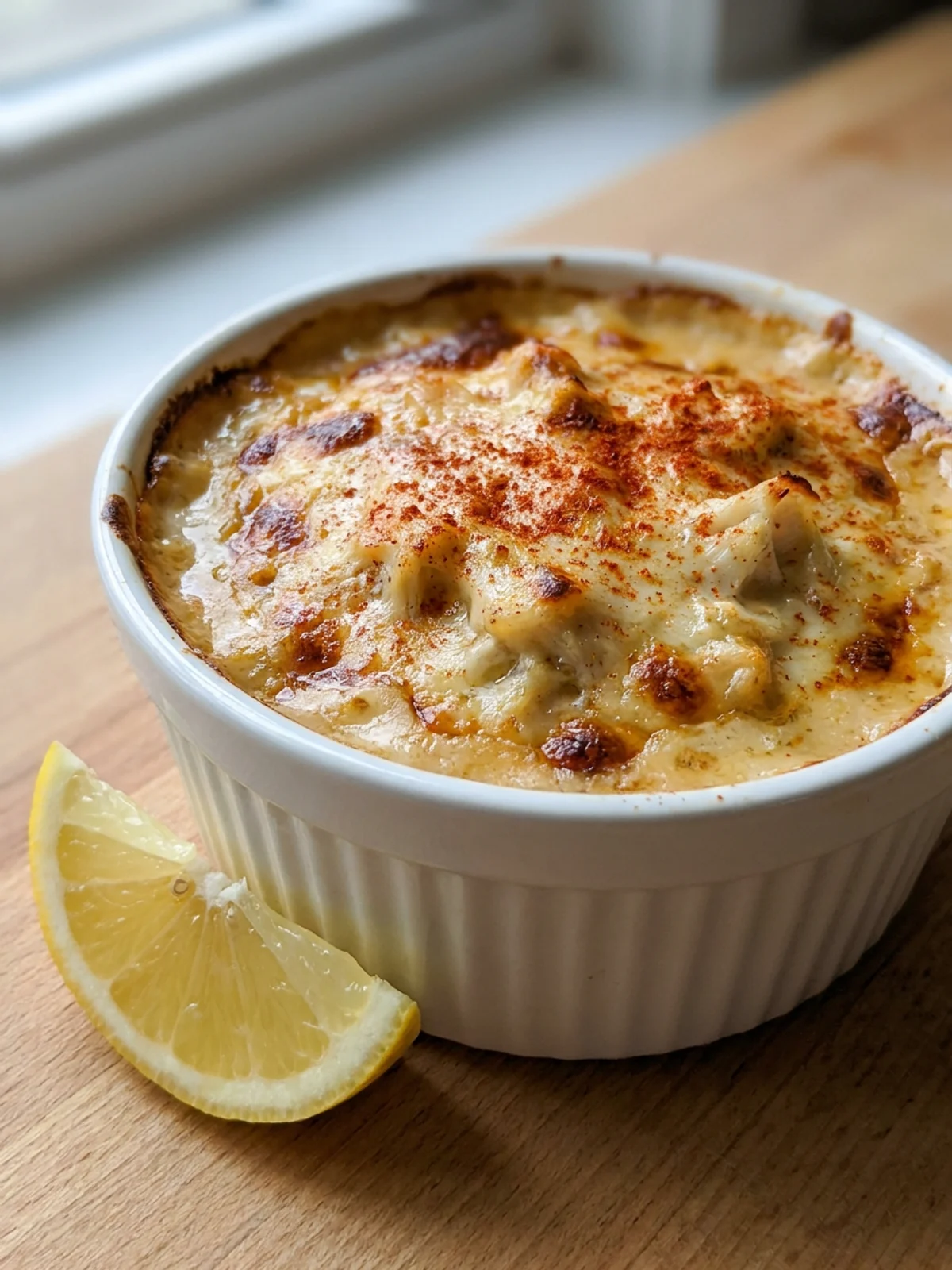 A baked crab imperial in a small casserole dish, topped with paprika.