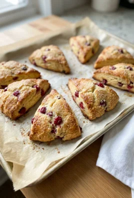 A close-up of a single golden cranberry scone showing its flaky texture and cranberries.