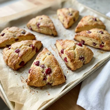 A close-up of a single golden cranberry scone showing its flaky texture and cranberries.
