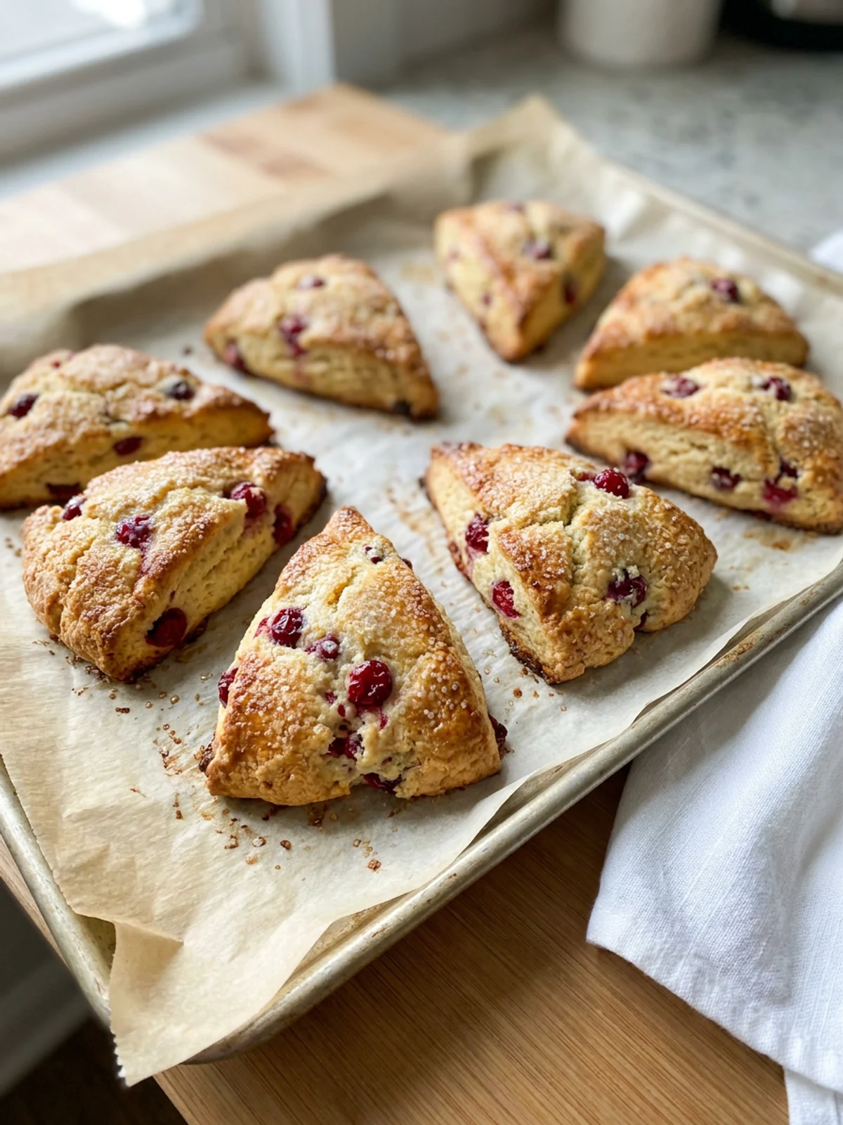 A close-up of a single golden cranberry scone showing its flaky texture and cranberries.
