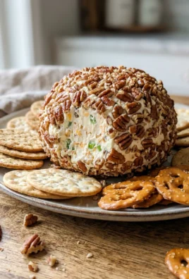 A finished cream cheese ball on a white platter surrounded by various crackers and celery sticks.